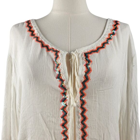 NEW POL Small Off-White Crinkled Cotton Blouse Embroidered Tie Tassels BOHO - Picture 7 of 15